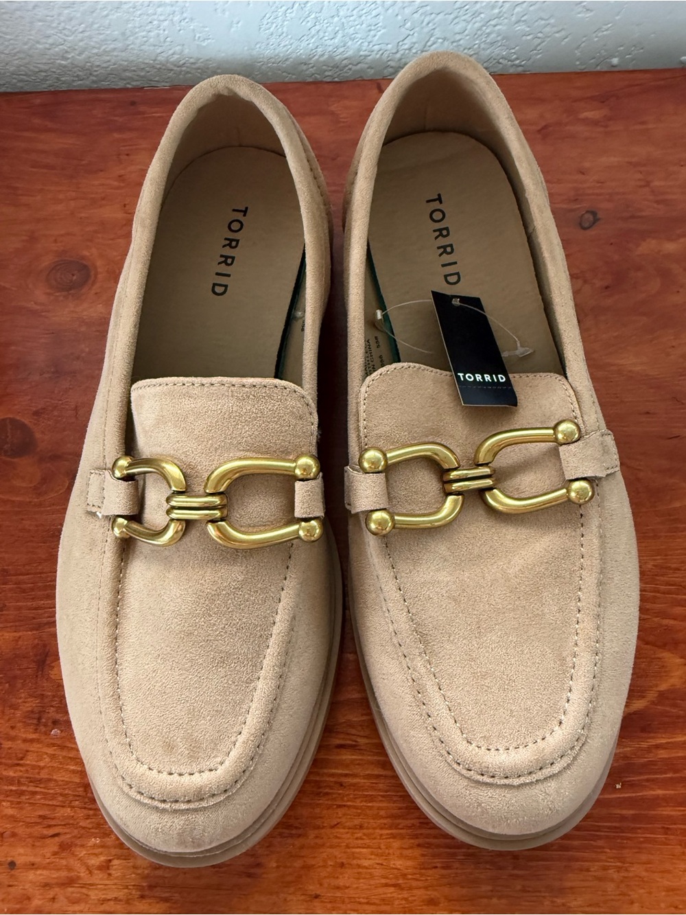 torrid Tan Suede Slip-On Loafers with Gold Buckle Detail